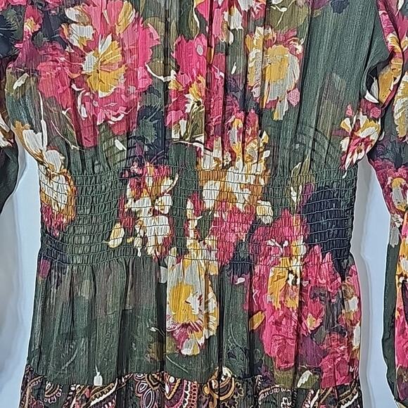 Women Sz S Maxi Sheer Dress Dark Floral Fairy Grunge BOHO Tiered Ruffle Smocked - Picture 7 of 14